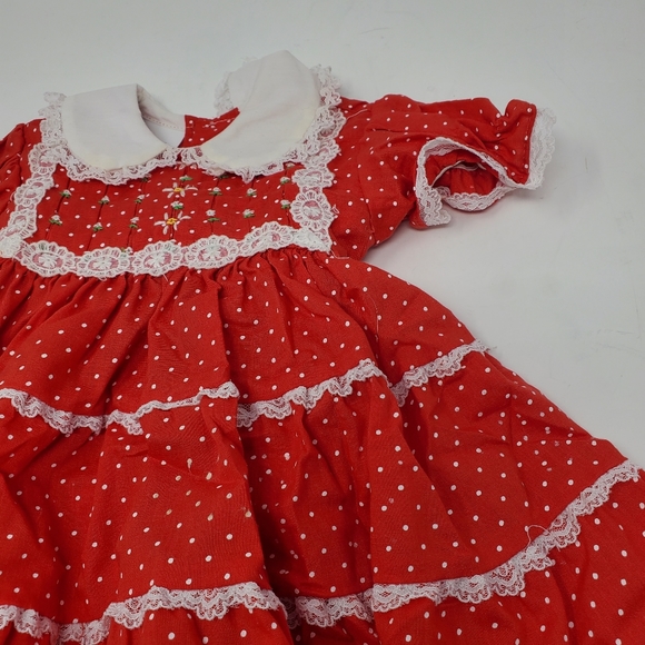 Vintage Polly Flinders Red & White lace Hand Smocked Dress Size 6-9 Month - Picture 9 of 9